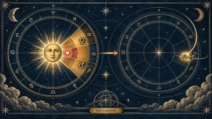 Illustrative engraved astrology plate showing a Sun-to-planet measuring arc with broad, close, and central zones, alongside a symbolic synastry chart and Venus-Mars contact.