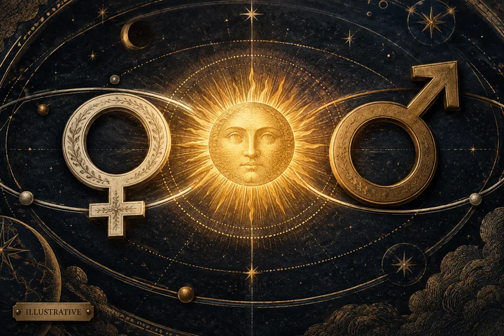 Close-up engraved illustration of ivory Venus and brass Mars symbols orbiting a radiant Sun, with a narrow open space between them and an ILLUSTRATIVE plaque.