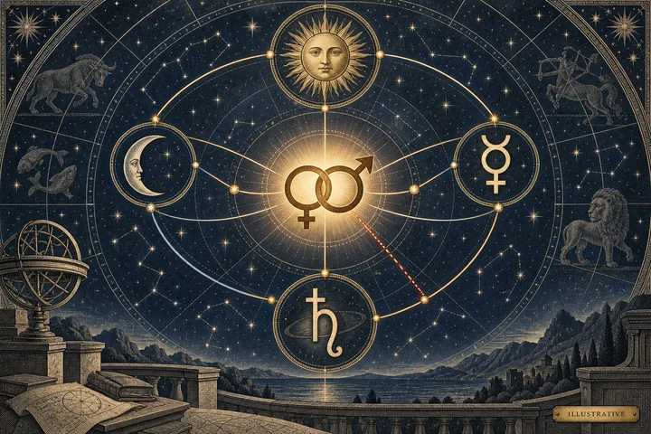 Broad engraved illustrative chart showing a central Venus-Mars contact surrounded by Moon, Sun, Mercury, and Saturn symbols connected by supportive and contrasting arcs.