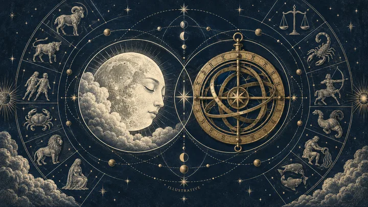 Engraved moon face and brass armillary sphere sit within concentric zodiac and star charts on a dark blue background.