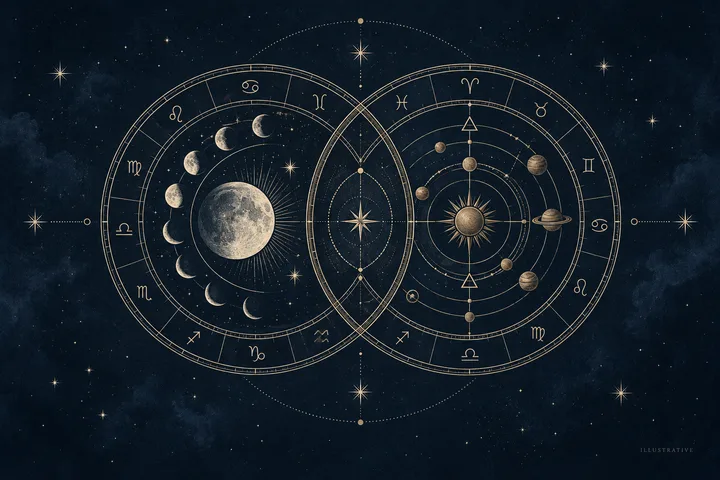 Two overlapping zodiac circles show a moon with phases on one side and a sun with orbiting planets on the other.