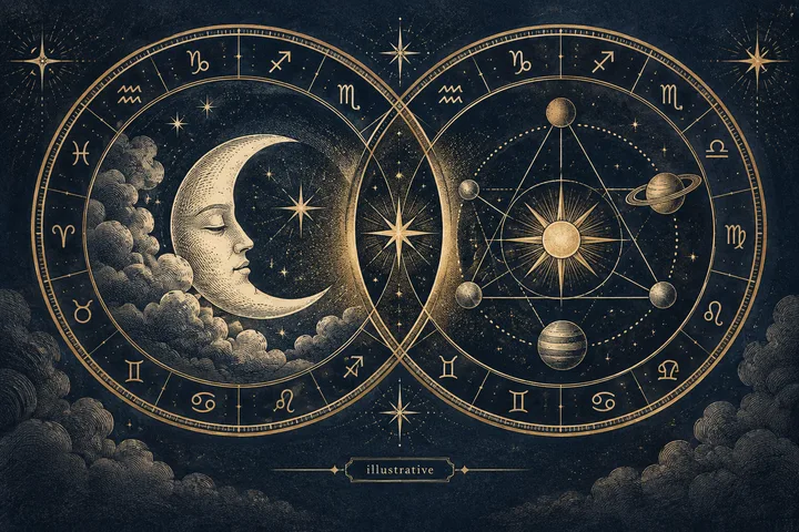 Two overlapping zodiac wheels frame a crescent moon and a sun with orbiting planets.