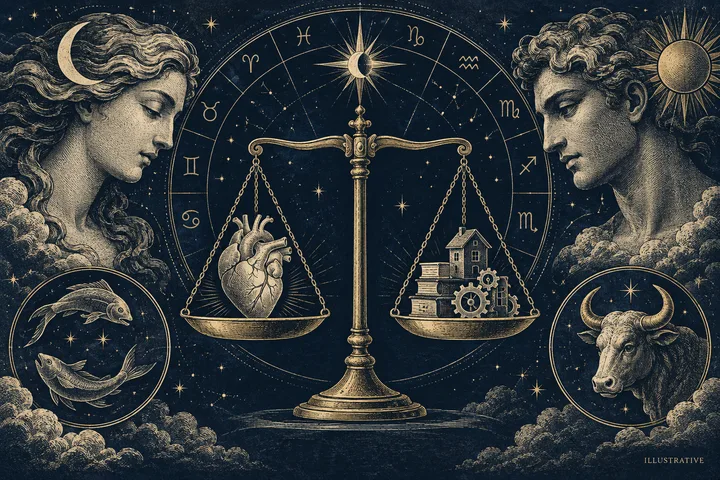 A brass balance scale holds an anatomical heart on one side and a house, books, and gears on the other, amid zodiac symbols.