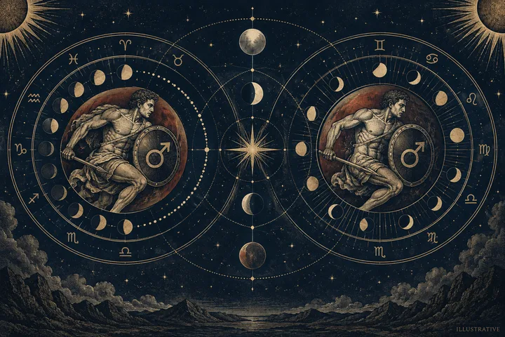 Two large circular star charts show engraved human figures holding shields marked with the Mars symbol, surrounded by zodiac symbols and moon phases above a mountain landscape.