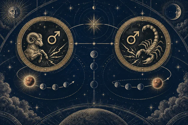 Two circular panels show a horned animal on the left and a scorpion on the right, each beside a Mars symbol, with stars, planets, and orbit lines on a dark blue background.