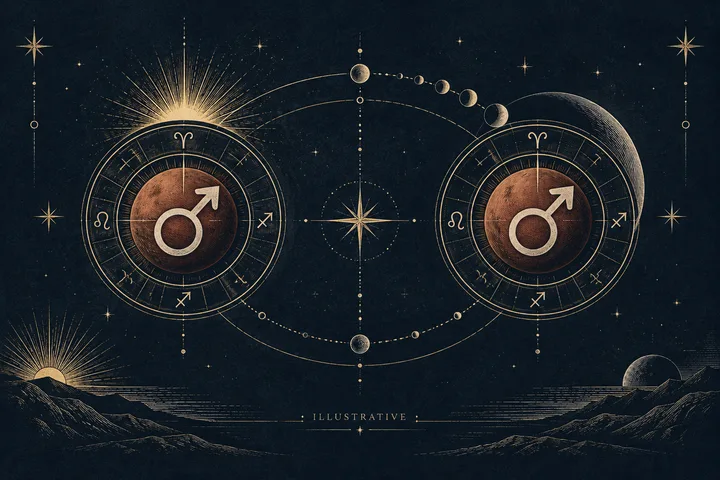 Two matching circular charts contain large Mars symbols and zodiac glyphs, connected by curved orbit lines with moon phases, stars, and mountain silhouettes.