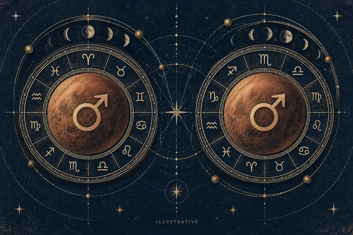 Two large circular charts display Mars symbols at the center, surrounded by zodiac glyphs, moon phases, small orbiting spheres, and starbursts.