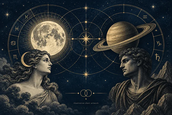 Engraved-style night-sky illustration with a large moon and a ringed planet above two classical human figures, surrounded by zodiac symbols, geometric circles, stars, clouds, and mountains.