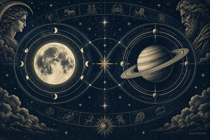 Engraved-style illustration of a moon and a ringed planet in separate circular orbits, linked by a central star-like compass, with zodiac symbols, stars, clouds, and classical faces at the edges.