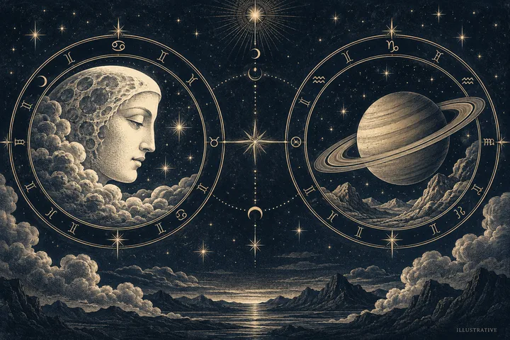 Engraved-style illustration showing a profile within a moon on the left and a ringed planet above mountains on the right, each inside a zodiac circle over a starry landscape.