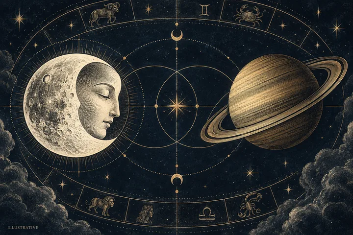 Engraved-style illustration of a moon with a human profile facing a large ringed planet, framed by geometric orbital lines, zodiac symbols, stars, clouds, and mountains.