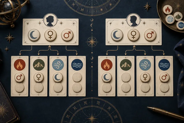 Illustrative worksheet sorting Moon Venus and Mars tokens from two people into four elemental families