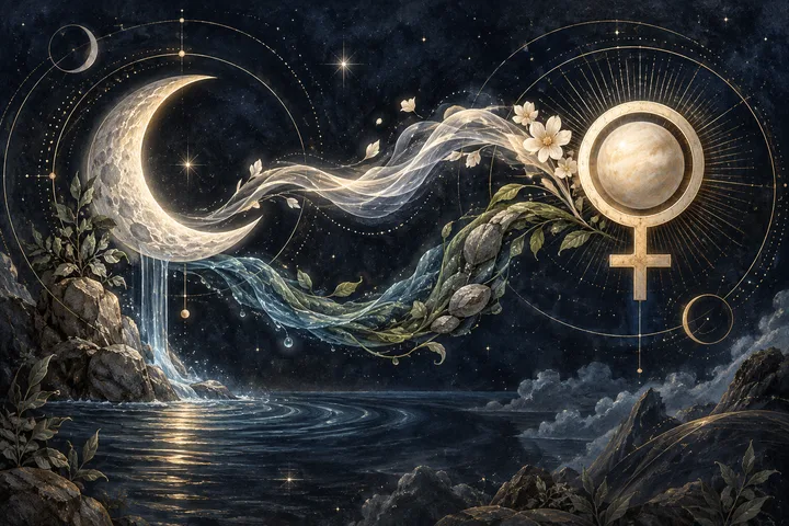 Luminous crescent Moon and Venus connected by flowing water earth and air motifs in an illustrative astrology scene