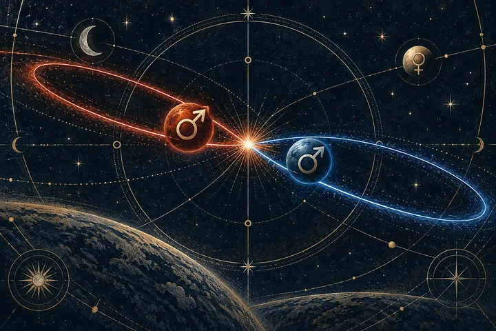Two illustrative Mars symbols on contrasting orbital tracks meeting in a bright angular spark