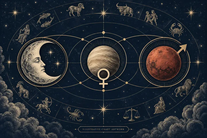Illustrative engraved zodiac scene with a crescent Moon at left, Venus and Mars glyphs below a central planet, and brass orbital lines on a midnight-blue sky