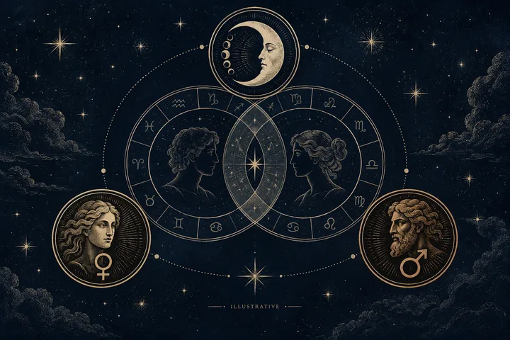 Illustrative synastry diagram with two overlapping zodiac circles, a crescent Moon above, and separate Venus and Mars medallions linked by fine brass lines