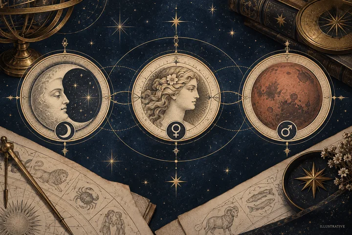 Illustrative close-up of Moon, Venus, and Mars medallions connected by circular brass contact lines beside an open engraved astrology book