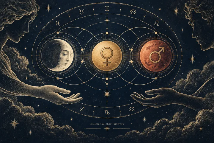 Illustrative synastry artwork with a crescent Moon, Venus, and Mars symbols centered between two reaching hands inside a zodiac wheel.