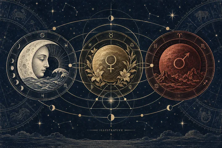 Illustrative comparison of Moon, Venus, and Mars panels, with the Moon over waves, Venus framed by flowers, and Mars above a mountain landscape.