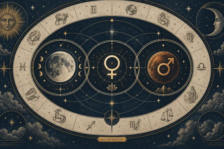 Illustrative zodiac ring surrounding separate Moon, Venus, and Mars symbols, with the Moon and Mars linked across a central chart design.