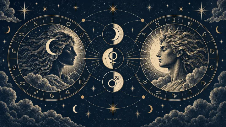 Two engraved zodiac wheels face each other, linked by Moon, Venus, and Mars symbols on a midnight-blue star field.