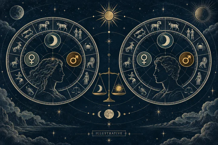 Two illustrated zodiac wheels surround a brass balance scale, with Moon, Venus, and Mars symbols marking the comparison between charts.