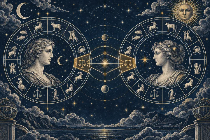 Two profile portraits face each other inside star-filled zodiac wheels, connected by a geometric chart between a crescent moon and a sun.