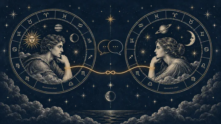 Two engraved zodiac circles face each other with profile figures, speech bubbles, and a glowing link between them; both circles are labeled illustrative.