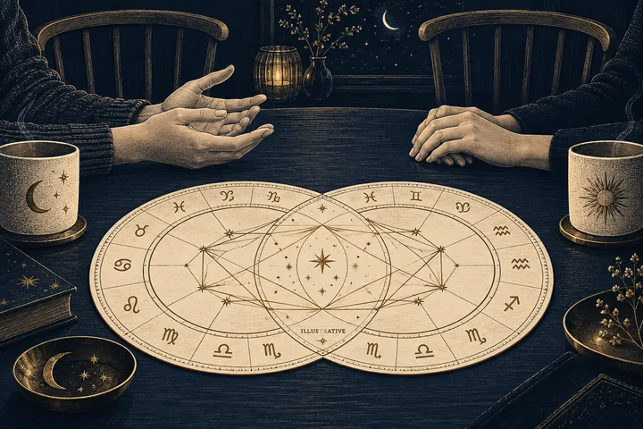 Two people gesture across a table above overlapping engraved zodiac wheels, with candles and a lantern around the labeled illustrative charts.