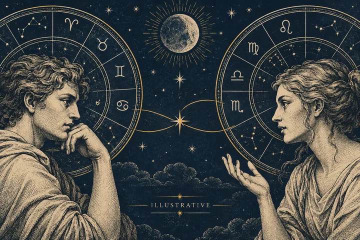 Two engraved profile figures face one another beneath a central star, with curved chart lines connecting their zodiac circles and an illustrative label below.