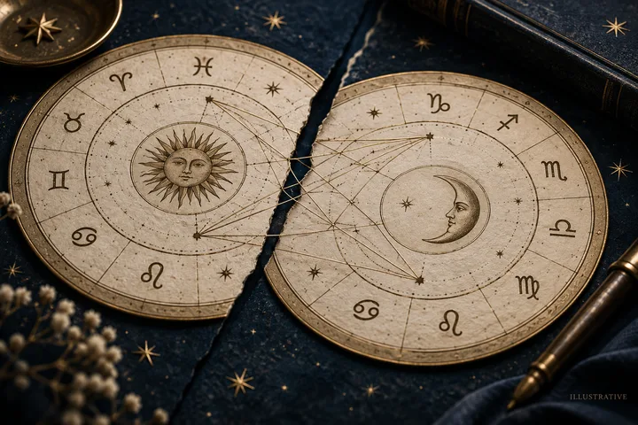 A sun-marked chart plate and a moon-marked chart plate sit split apart beside a pen on dark cloth; the plates are labeled illustrative.