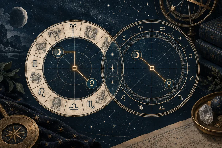 Two illustrative synastry wheels overlap on a midnight-blue star field, pairing broad zodiac sign relationships with precise brass degree geometry between Moon and Venus symbols.