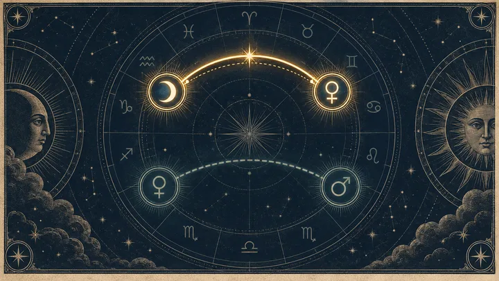 An engraved illustrative synastry wheel highlights a bright close Moon–Venus contact while a softer Venus–Mars connection sits behind it, showing how degree closeness can rank a contact above a broad sign relationship.