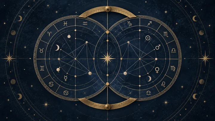 Engraved midnight-blue illustration of two overlapping abstract synastry chart wheels aligned by a brass measuring arc.