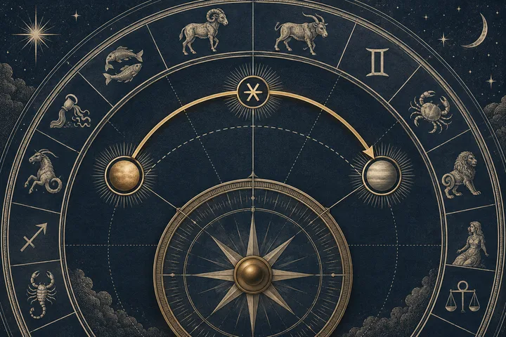 Close-up engraved zodiac dial with two abstract placements joined by a brass arc following the shorter angular route.