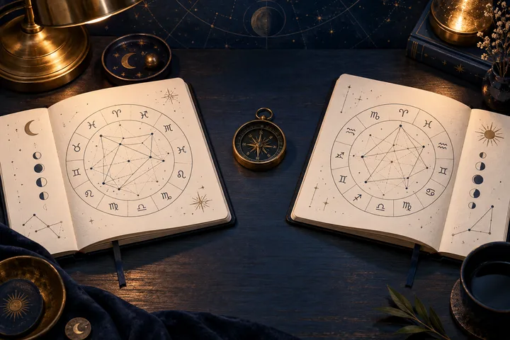 Engraved editorial still life of two open astrology chart books, abstract zodiac wheels, and a brass compass on a dark blue table.