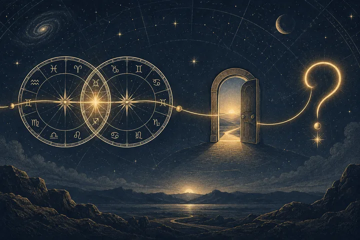 Engraved illustrative synastry wheels leading along a brass thread to an open doorway and glowing question mark.
