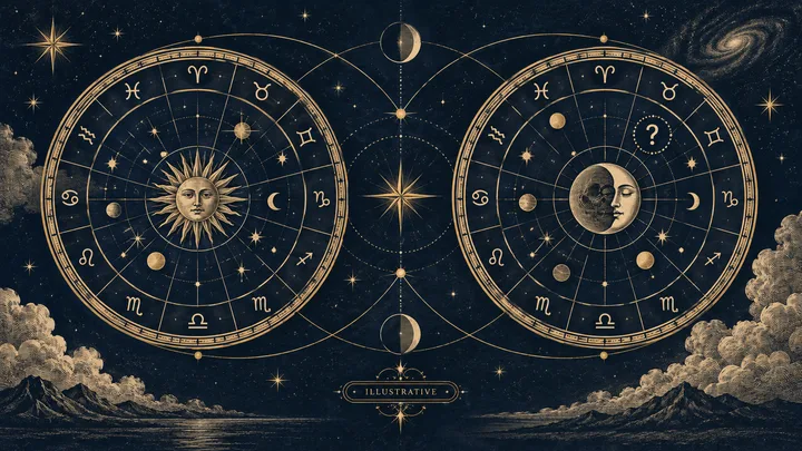Illustrative engraved synastry wheel with one open clock face, showing a relationship comparison with an unknown birth time.