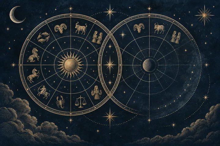 Illustrative close-up of Venus and Mars symbols linked across two zodiac rings for a planet-to-planet synastry comparison.