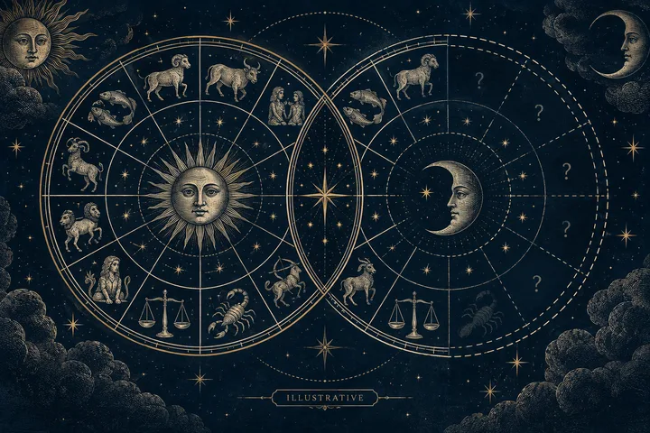 Illustrative synastry worksheet separating stable placements, conditional Moon contacts, and house details that must wait for a birth time.