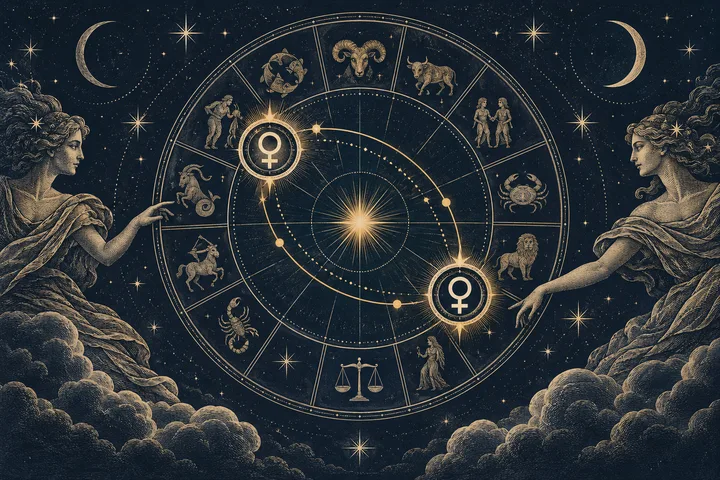 An ornate zodiac wheel with two Venus symbols, framed by classical figures, crescent moons, stars, and clouds against a dark blue sky.