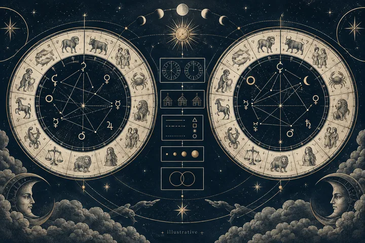 Illustration of two large circular zodiac charts with constellation-like lines, moon phases, stars, and crescent-faced figures among clouds.