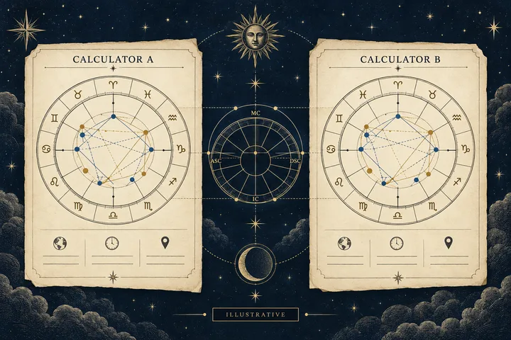 Two parchment sheets labeled "CALCULATOR A" and "CALCULATOR B" show circular zodiac charts, with a smaller circular chart between them.