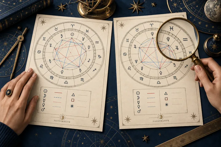 Two parchment zodiac charts lie on a dark blue tabletop; a hand holds a magnifying glass over the right chart, with another hand beside the left chart and brass instruments nearby.
