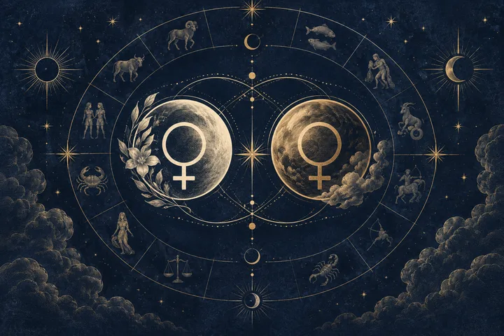 A dark starry illustration with a circular ring of zodiac-like figures surrounding two large Venus symbols on moon-like discs, with flowers and clouds around them.