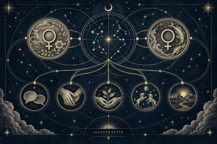 A dark starry diagram with two Venus-symbol medallions connected to a central constellation circle and five smaller circles showing speech bubbles, clasped hands, a plant, animals, and a landscape; the word ILLUSTRATIVE appears at the bottom.