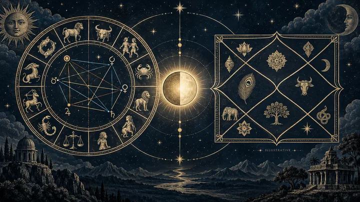 Editorial illustration accompanying: What should a reader check before comparing a Western synastry report with a Vedic one?