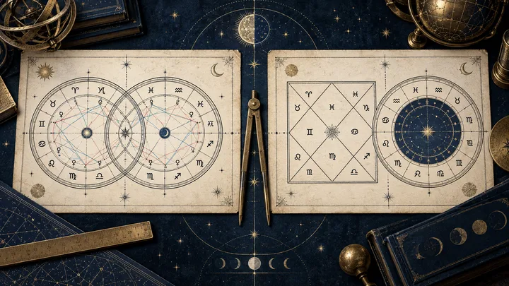 Editorial illustration accompanying: What should a reader check before comparing a Western synastry report with a Vedic one?