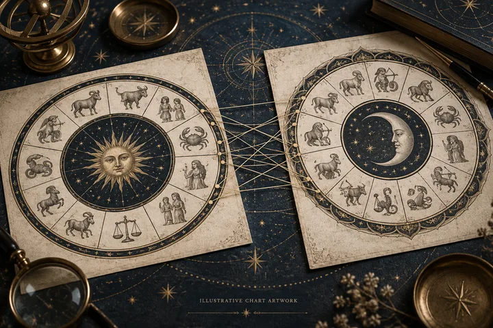 Editorial illustration accompanying: What should a reader check before comparing a Western synastry report with a Vedic one?