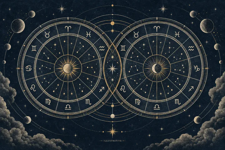 Illustrative synastry wheel with layered whole-sign and quadrant house boundaries in midnight blue, ivory and brass.